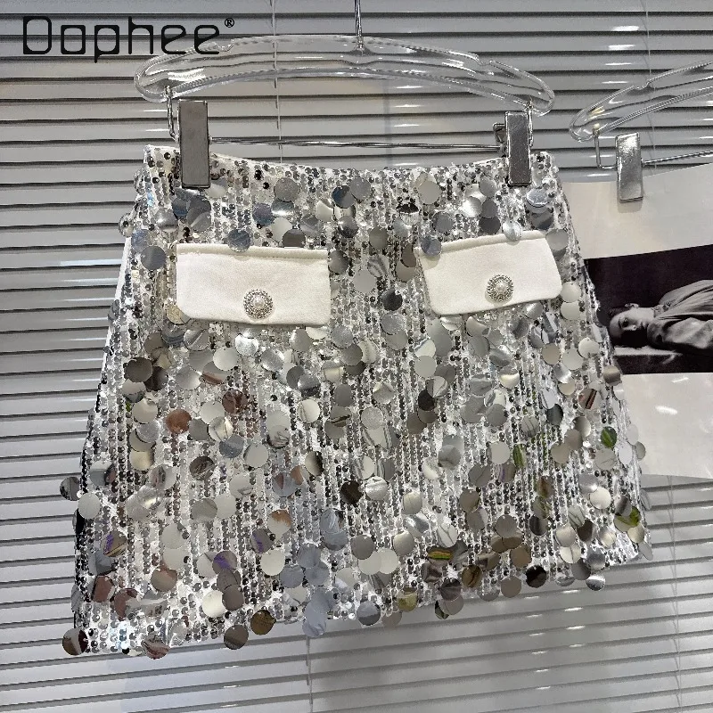 

Пряная девушка, блестящие лоскутные пайетки, тяжелая мини-юбка с высокой талией для похудения, элегантные светские юбки трапециевидной формы, модные универсальные