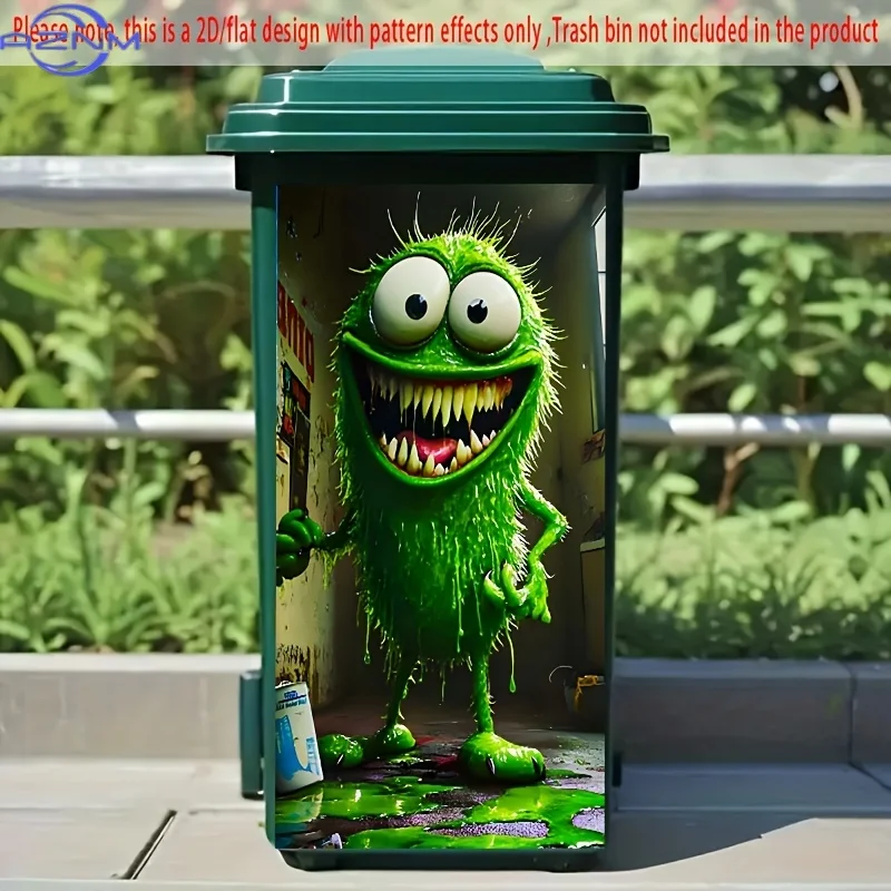 Pegatinas Autoadhesivas de PVC para Contenedores de Basura con Diseño de Monstruo de Slime Verde Sonriente - Calcomanías Decorativas para Contenedores de Basura para Sótanos, Garajes y Más