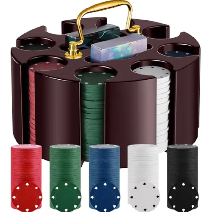 

Poker Chips Poker Set 200 Count Rotating Chip Case Wood Carousel Case Holder with 200 Pcs Chips and 2 Decks of Playing Cards fo
