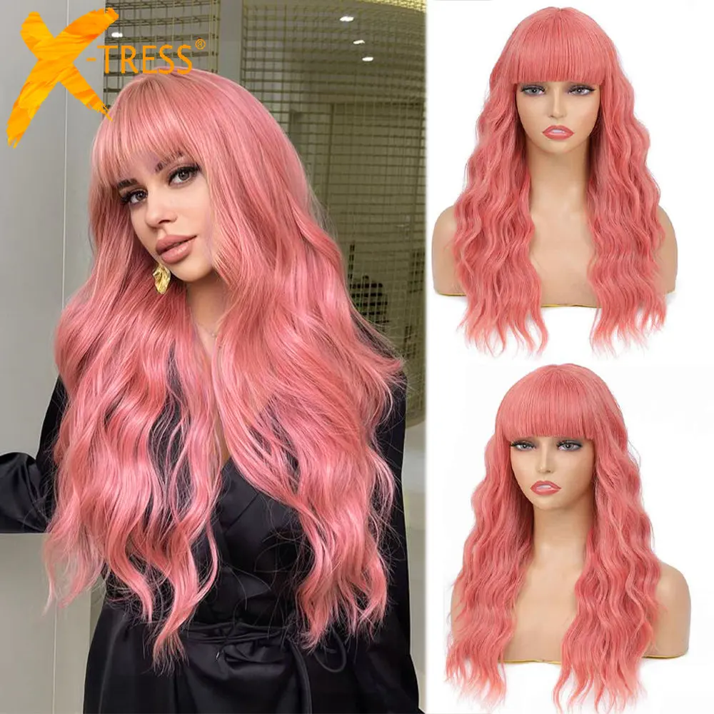 

X-TRESS Synthetic Peach Pink Wavy Wig with Air Bangs 20 Inches Pastel Peachy Wave Curly Cosplay Lolita Wig for Girls Daily Use