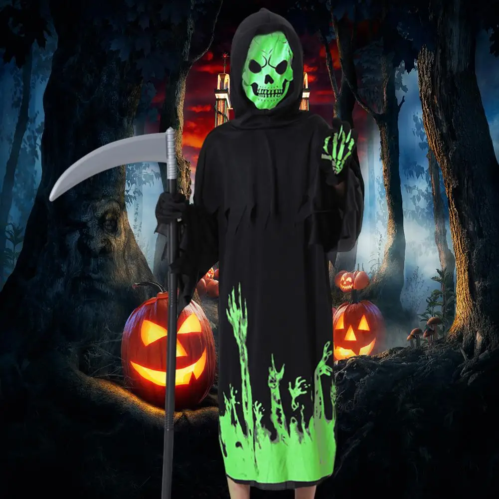 زي الهالوين غريم ريبر للأطفال يتوهج في الظلام زي الهالوين التنكري مع المنجل لحفلات الهالوين