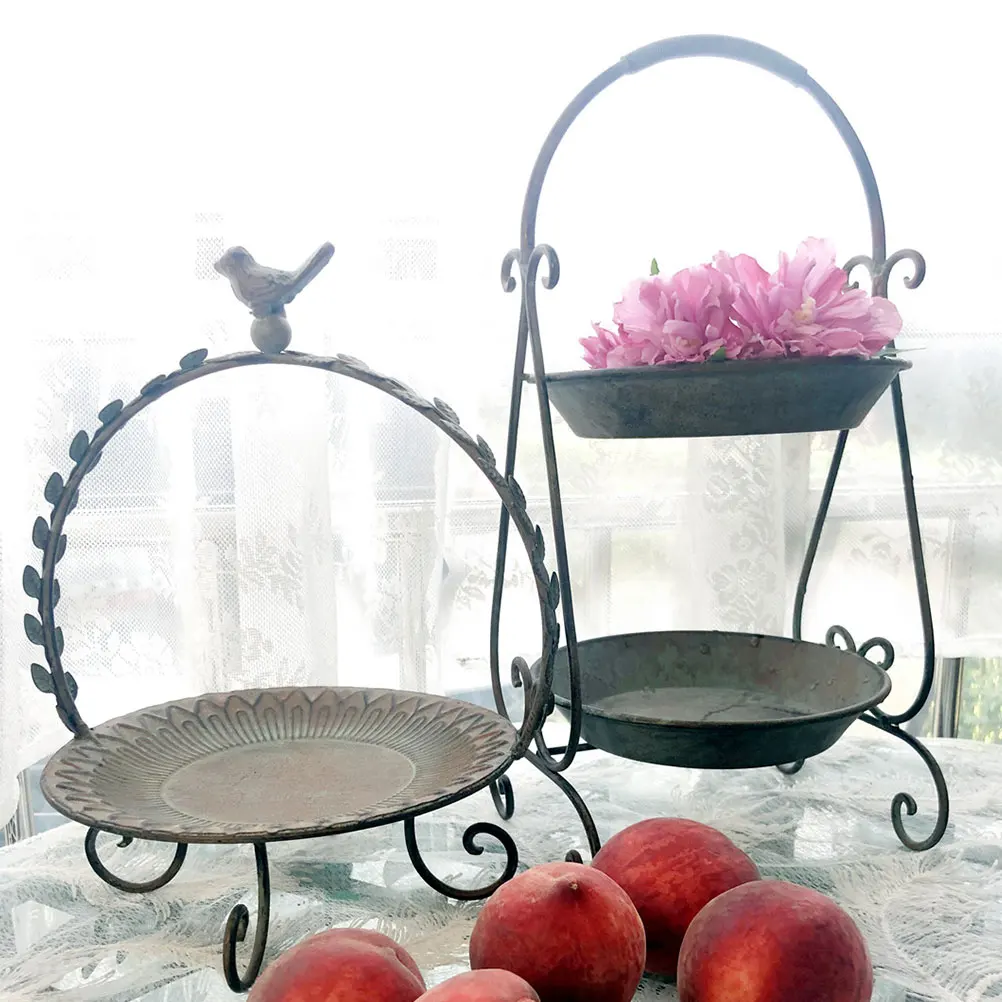 

1Pcs Retro Decorative Iron Tray Dark Green Storage Tray Desktop Organizer Fruit Plate Double Layers Household Storage Basket