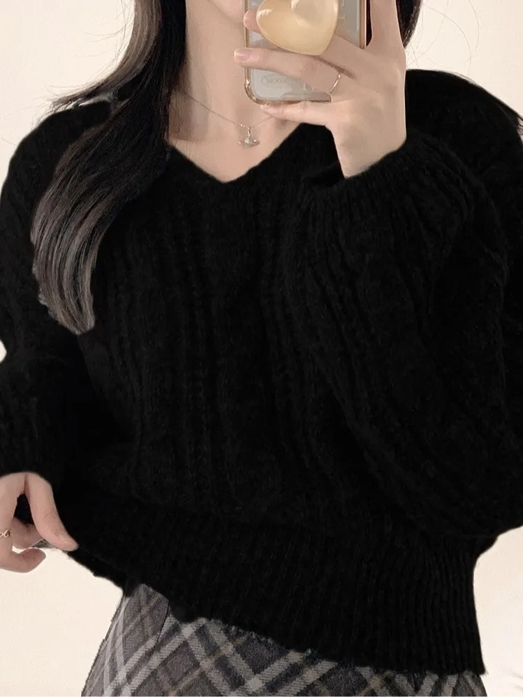 

Retro Twist Knitted ort Sweater Women's Chic Lazy Sle Lantern Sve V-Ne Slimming Korean Faion Polyester Fiber