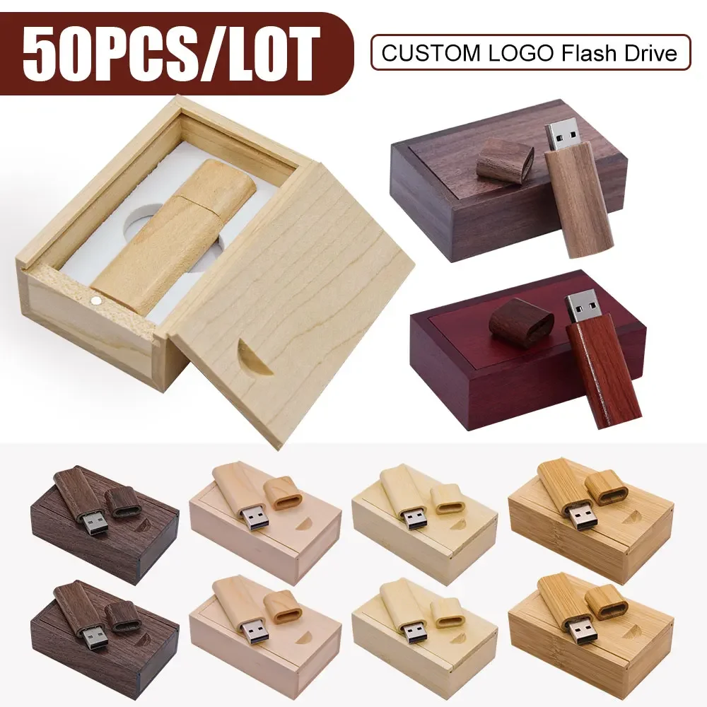 50 PCS LOT USB Flash Drive 16GB Free Custom Logo Pen Drive 128GB Wooden Box Memory Stick 64GB Photography Wedding Gift Pendrive