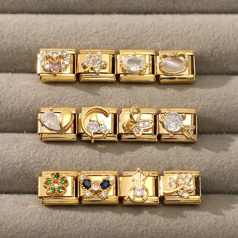 Cor de ouro cruz coração arco borboleta cereja zircão pérolas italiano charme links caber 9mm pulseira aço inoxidável feminino diy fazendo