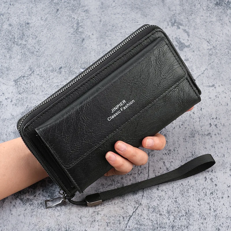 Bolso de mano de cuero con cremallera para hombre, cartera larga de gran capacidad, bolso para teléfono, tarjetero múltiple, monedero de doble capa