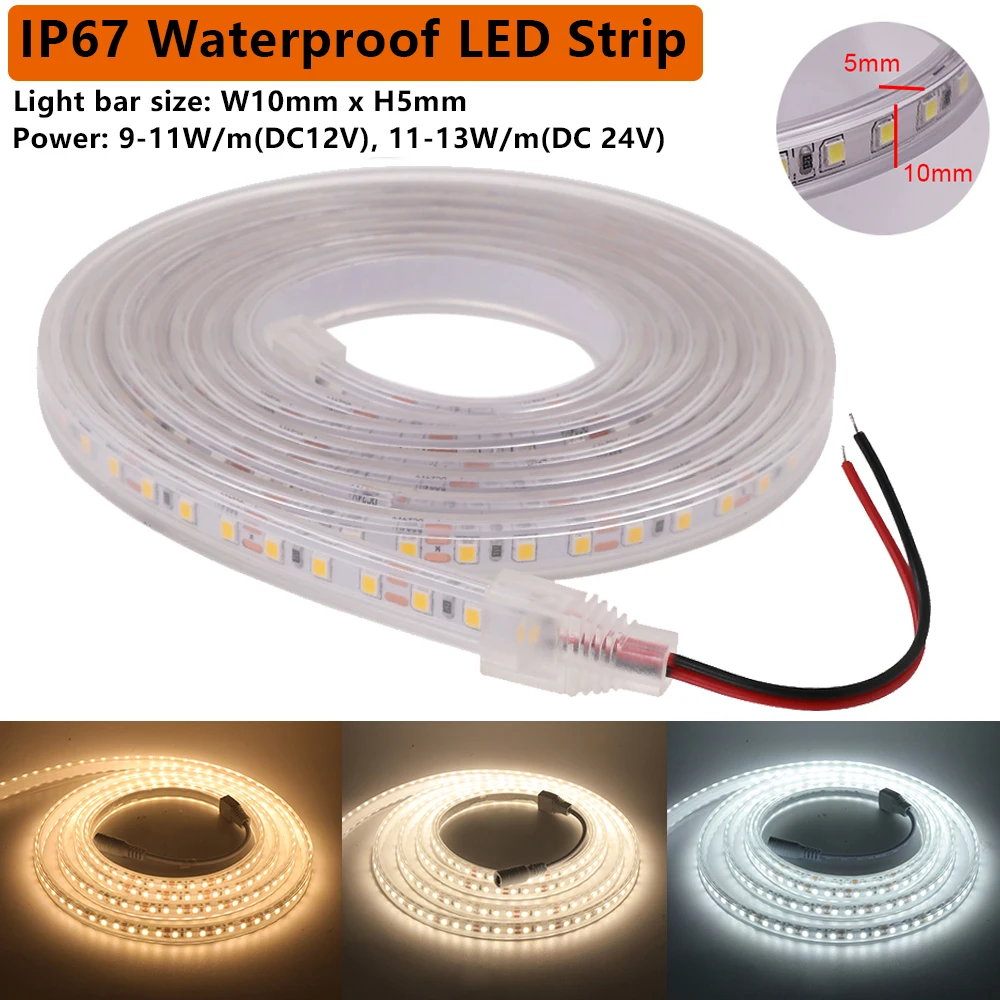 Impermeável ao ar livre LED Light Strip, fita flexível, IP67, IP68, 12V, 24V, SMD, 2835, 120LEDs por metro, branco quente, branco natural, branco