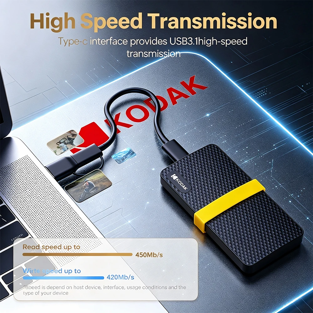 KODAK X200 Portable SSD 1T 512G 256G USB 3.1 Type-C External Hard Drive 450MB/s Mini Solid State Disk for Laptop MacBook PS4 PC