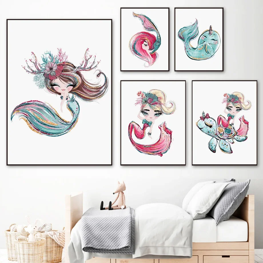 Ocean Hippocampus Cuckold Narwhal Mermaid Wall Art Canvas Painting Nordic Posters And Prints Wall Pictures Kids Girl Room Decor