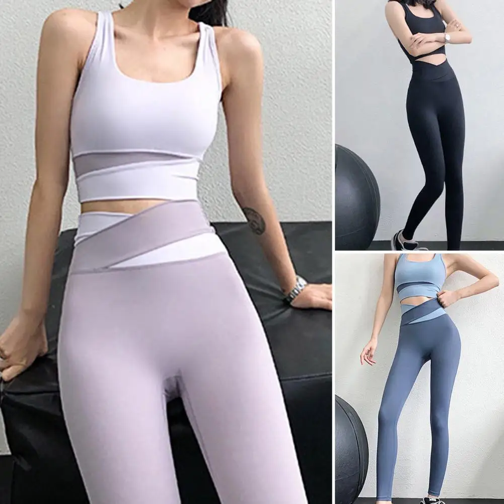 Women Sports Suit 2 Pcs/Set Practical Contrast Color Elastic Tummy Control Quick Dry Women Sports Suit Jogging Clothes