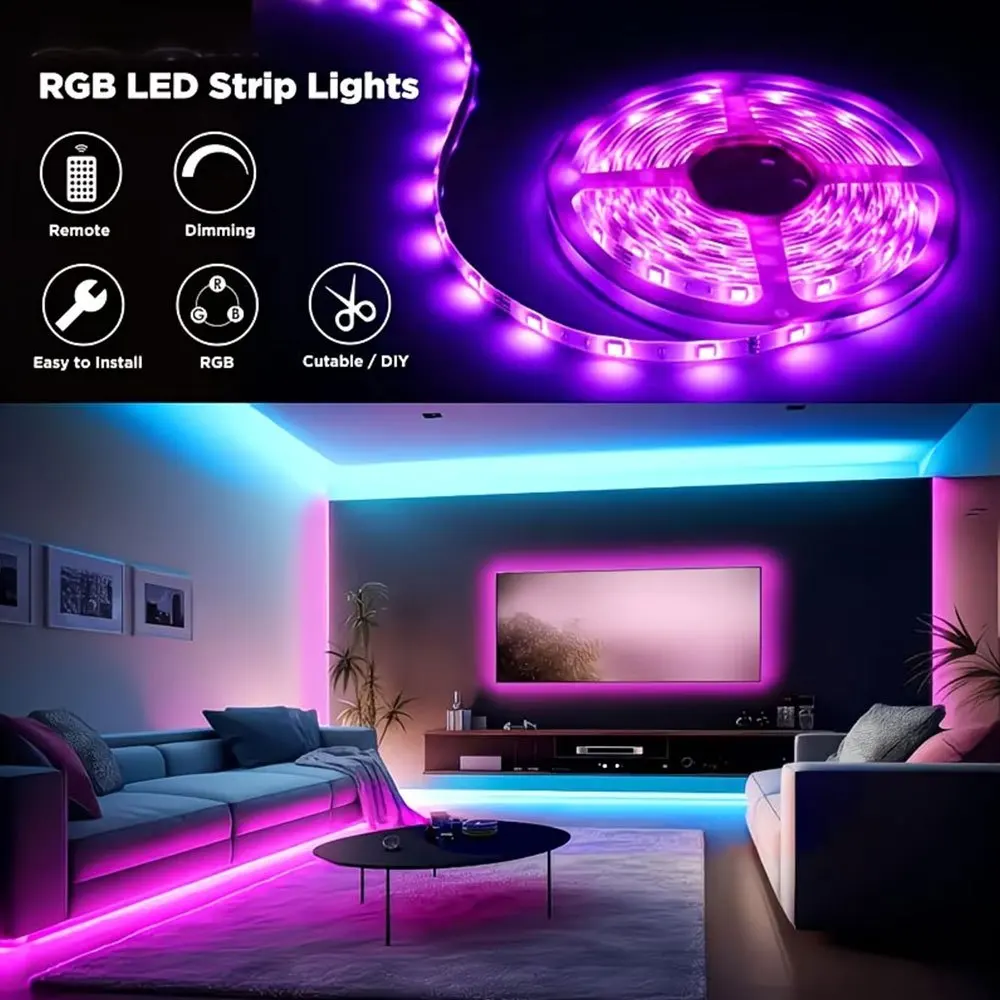 RGB LED Strip Lights with 20-Key Remote (Infrared)& Music Sync USB-Powered Cuttable Lighting