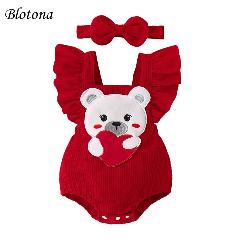 Blotona Baby Girl 2Pcs Set Square Neck Frill Trim Sleeveless Corduroy Romper+Bow Ribbed Headband Toddler Valentine's Day Outfits