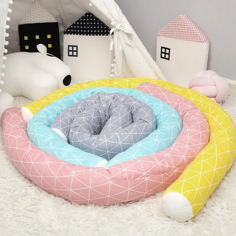 2M Baby Bed Bumper Plaid U Shape Long Cotton Plush Pillow Bedding Set for Cribs Boy Girl Baby Bedside Protector Room Decoration