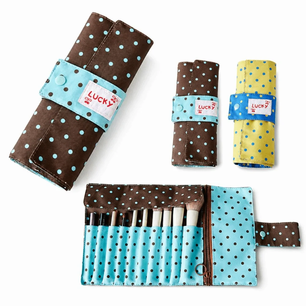 Cute Polka Dot Makeup Brush Storage Bag 10 Slots Multipurpose Makeup Tool Bag Large Capacity Portable Makeup Bag Multipurpose