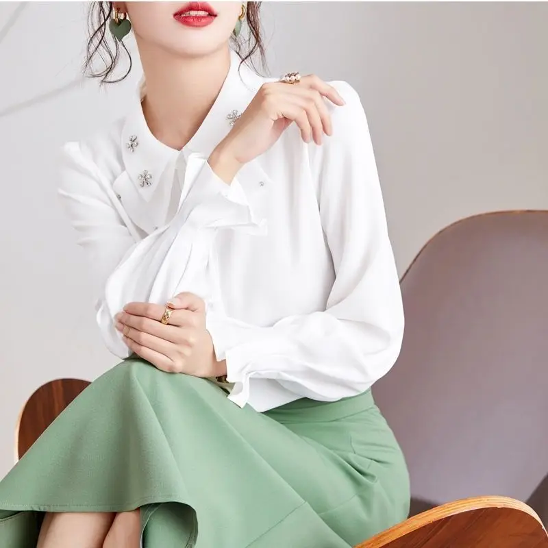 Spring and Autumn Small Shirt with Long Sleeve Collar Chiffon Shirt Top Doll New Style Bow Western Style Female Interior Korean