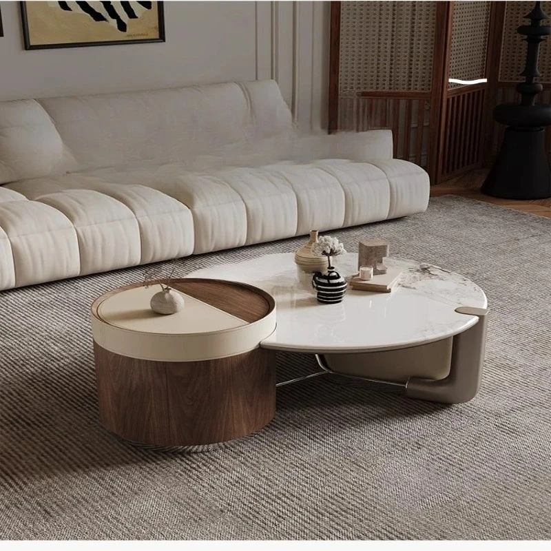 Light luxury advanced sense microcrystalline stone splicing saddle leather multi-functional coffee table