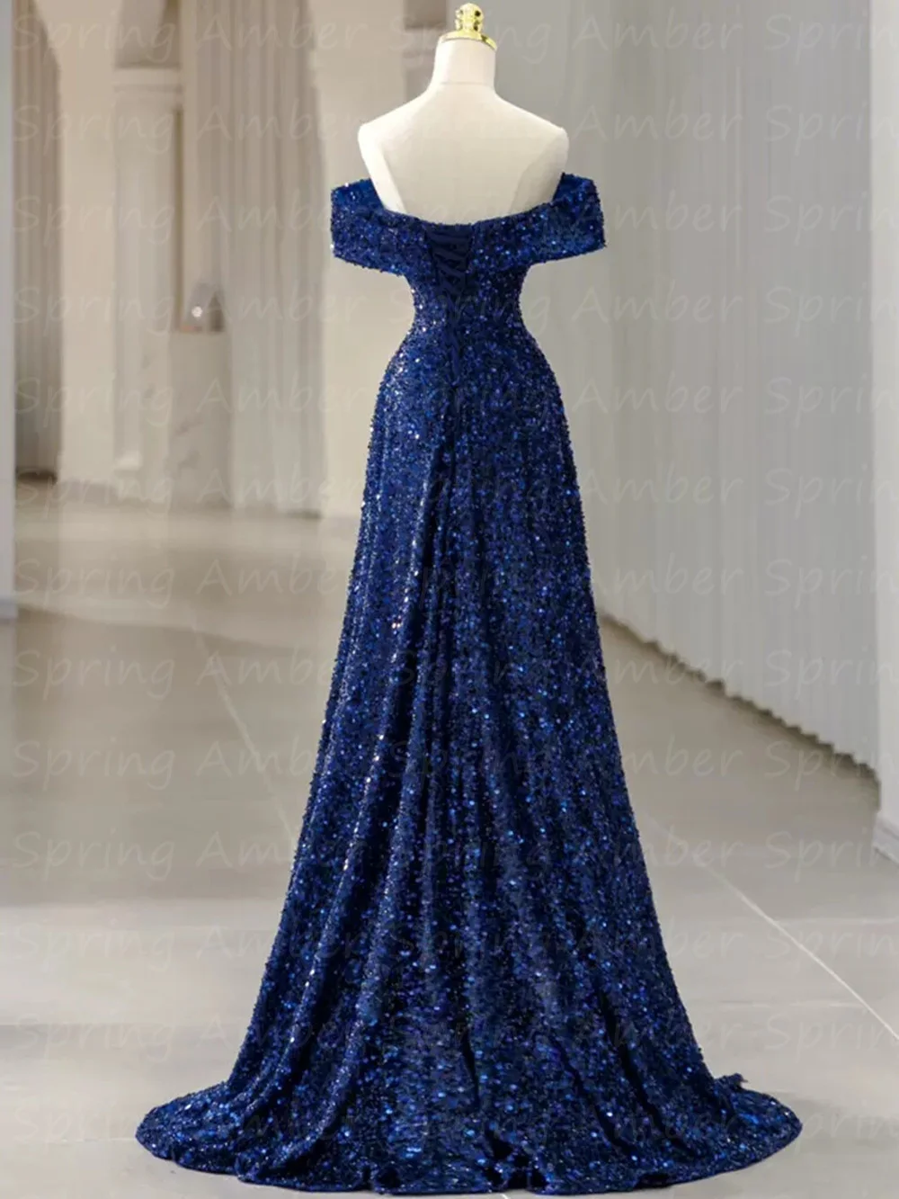 Abiti da sera eleganti blu da donna con spalle scoperte allacciatura sul retro abiti da ballo formali festa di nozze caftano marocchino Met Gala