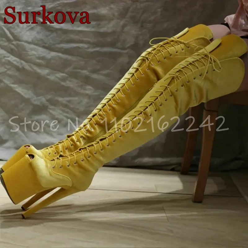 

Winter Open Toe Over-The-Knee Long Boots Super High Heel Side Zipper Thick Sole Fashion Boots Sexy Autumn Velvet Dance Boots 46