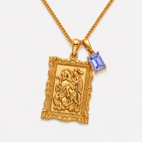 St. George Dragon Slayer Necklace, Gold Plated Zinc Alloy Inlaid Gemstone Luxury Cuban Link Chain Pendant