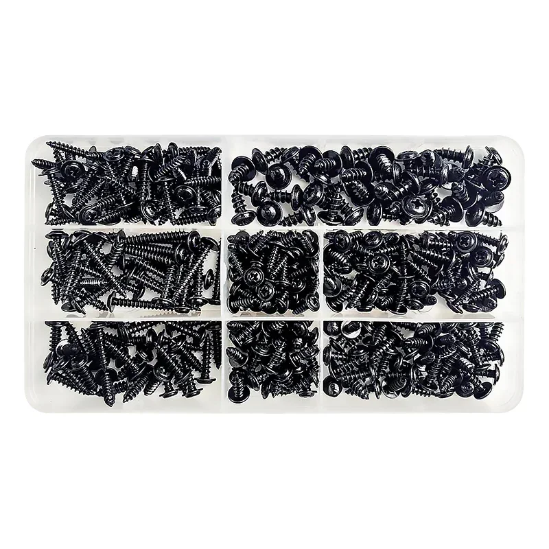 340PCS PWA Cross Self-Tapping Black Screw M3 M3.5 M4 M4.8 Carbon Steel Round Pan Head Tapping Screw with Washer Assortment Kit