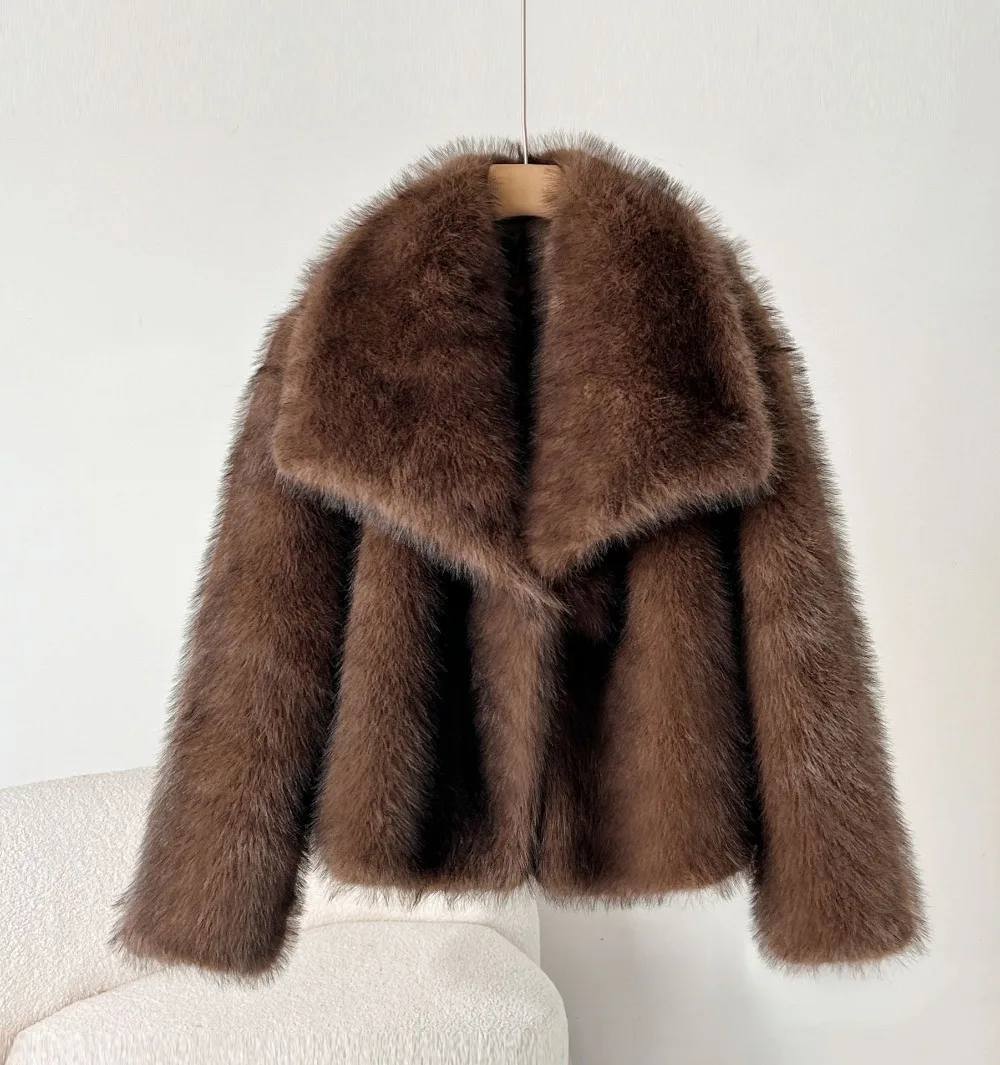 Faux Fur Coat Women Short Jacket Winter Overcoat Lapel Thick Fluffy Long Sleeve Warm Outerwear Luxury Fur Jacket Coat 2025 4