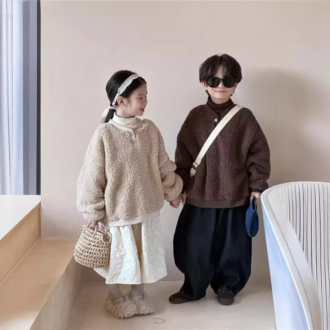 Girls Coat 2024 Winter New Childrens Clothes Korean Style Retro Alpaca Coat Boys and Girls Casual Simple Daily and Match