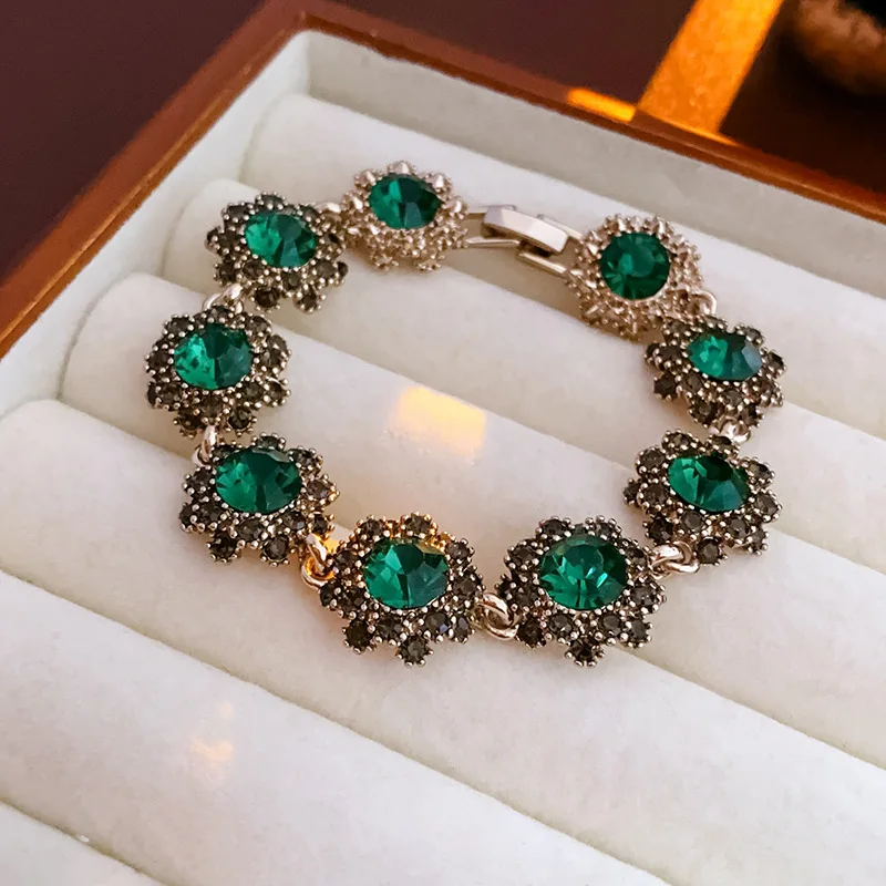 Rhinestone Green Circle Flower Necklace for Women Medieval Vintage Bracelet French Luxury Dainty Earrings Jewelry Sets Wholesale