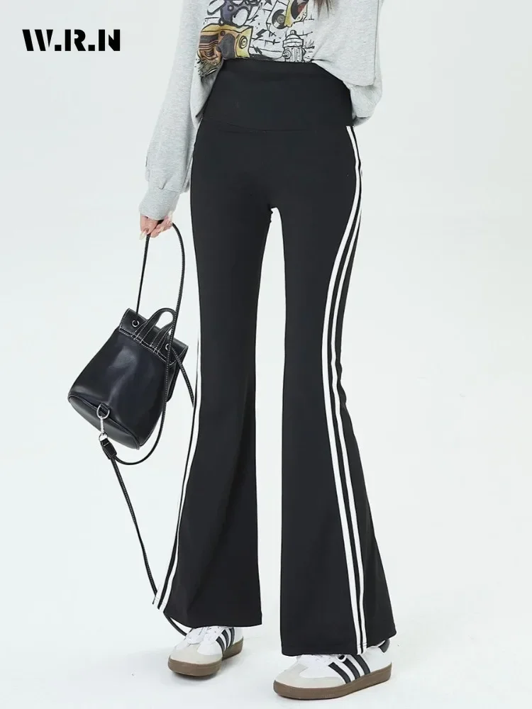 

2024 Autumn Casual Striped Print High Waist Flared Pants Winter Women's Fashion Slim Fit Black Sporty Sexy Full Length Trousers