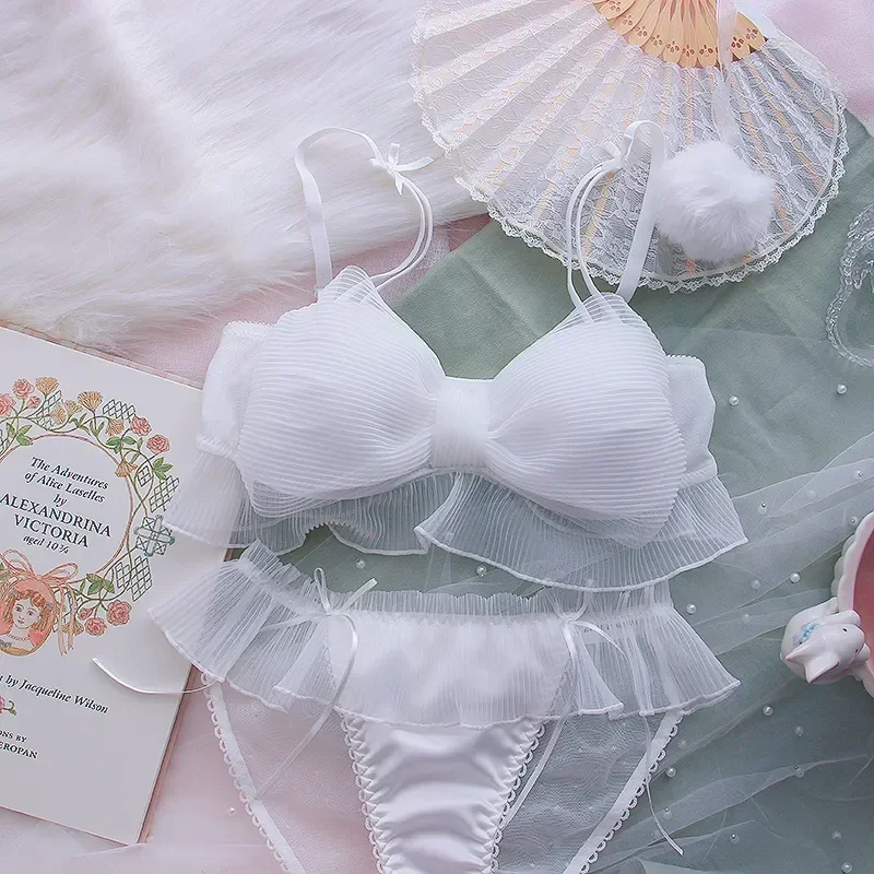 2026 Neues Süßes Lolita-Schleifen-Mesh-BH-Set, Süßer Rüschen-BH ohne Bügel, Bequeme Unterwäsche im japanischen Stil für Mädchen – Detail 10