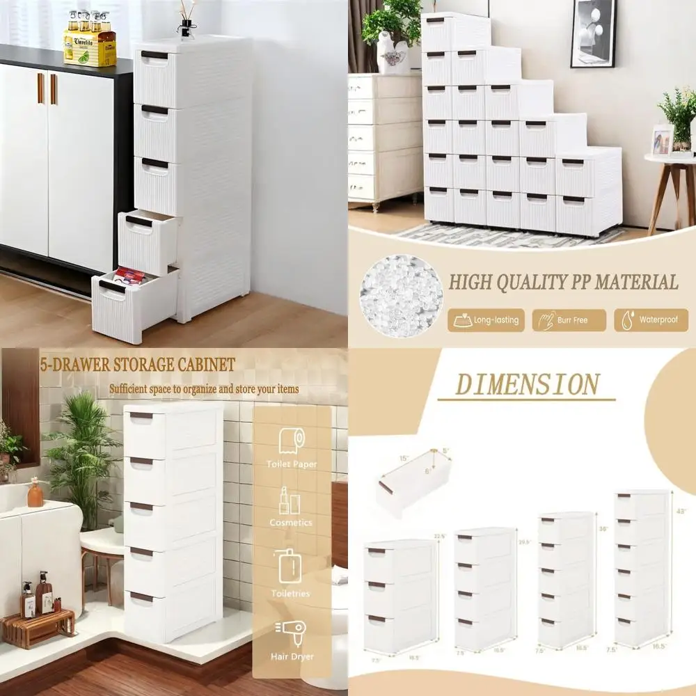 Gabinete de almacenamiento estrecho de 5 niveles con cajones delgados para baño y sala de estar, organizador de plástico con ruedas