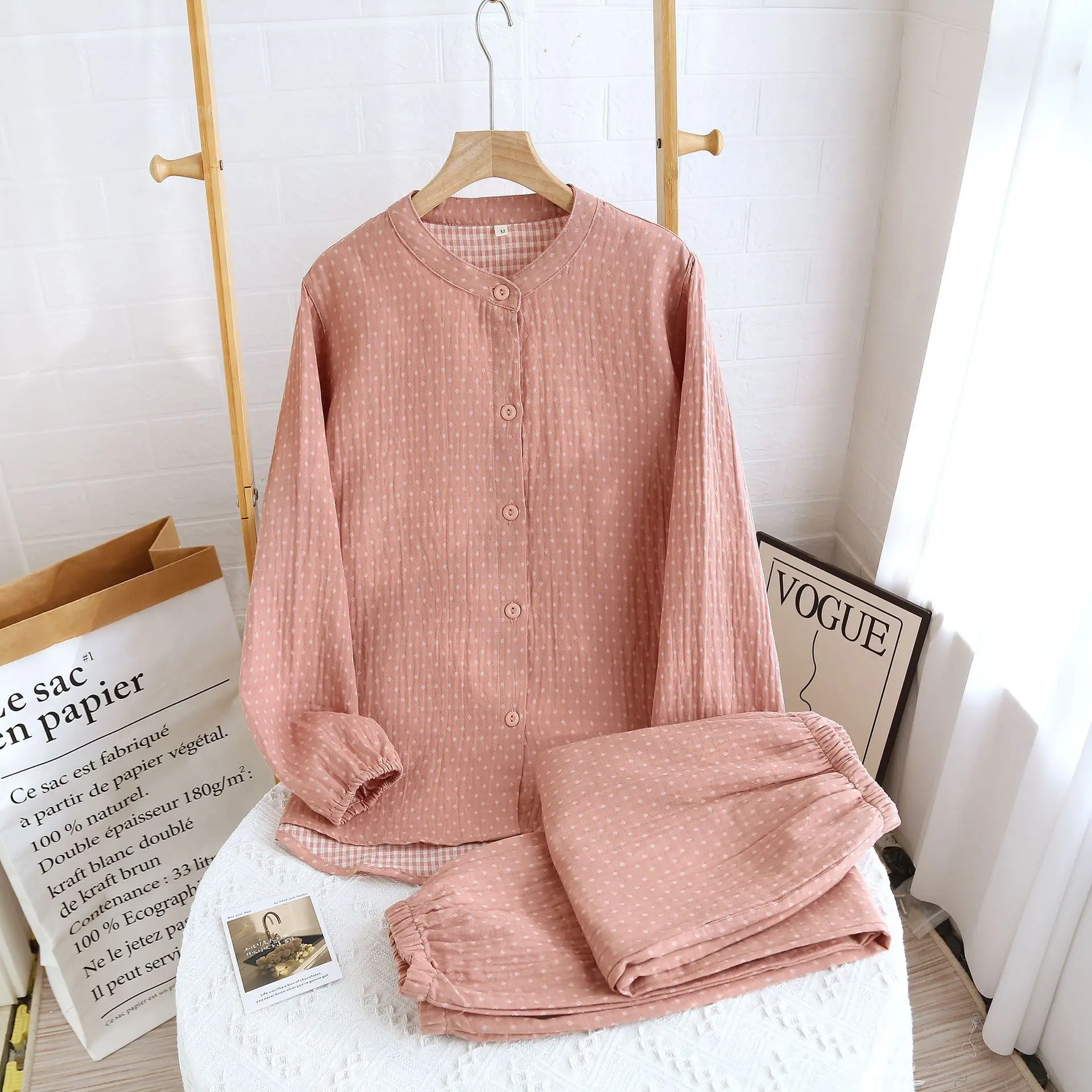 Autumn Winter Washed Cotton Pajama Set For Women Long Sleeve Couple Sleepwear Crepe Gauze Pants Home Clothes Comfortable Pijamas