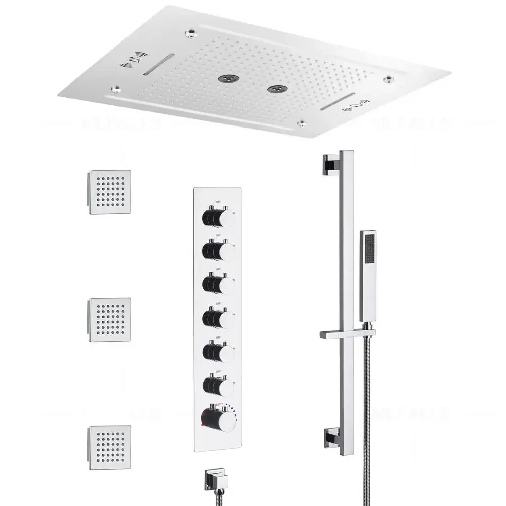 HLK Luxury 6-Function Wall-Mounted Shower Head Rainfall Waterfall Rotary Massage LED Light Music Popular Stainless Steel Design
