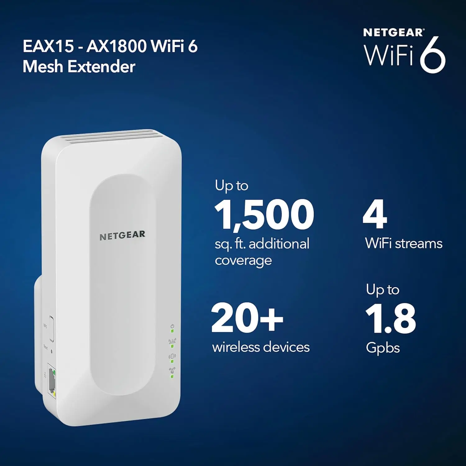 WiFi 6 Mesh Range Extender (EAX15) - Add up to 1,500 sq. ft. and 20+ Devices with AX1800 Dual-Band Wireless Signal Booster