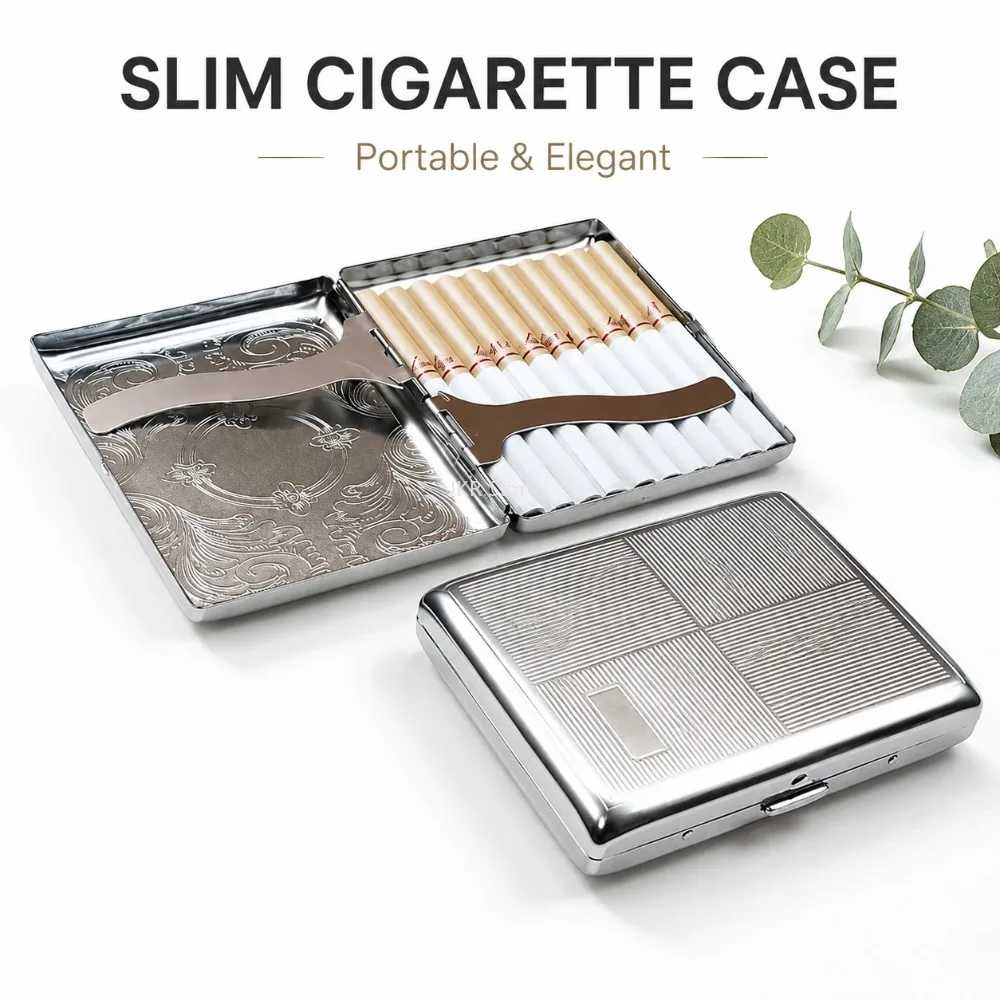 Stainless Steel Cigarette Box Embossed Portable Metal Case Storage Holder Smoking Accessory for Men Women Travel Daily Carry view 2