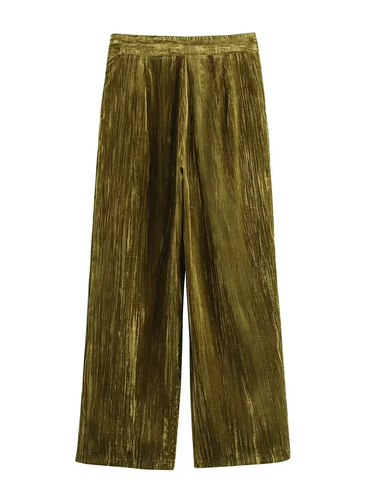 Willshela Women Fashion Green Front Zipper Wide Leg Pants Vintage High Waist Full Length Female Chic Lady Trousers