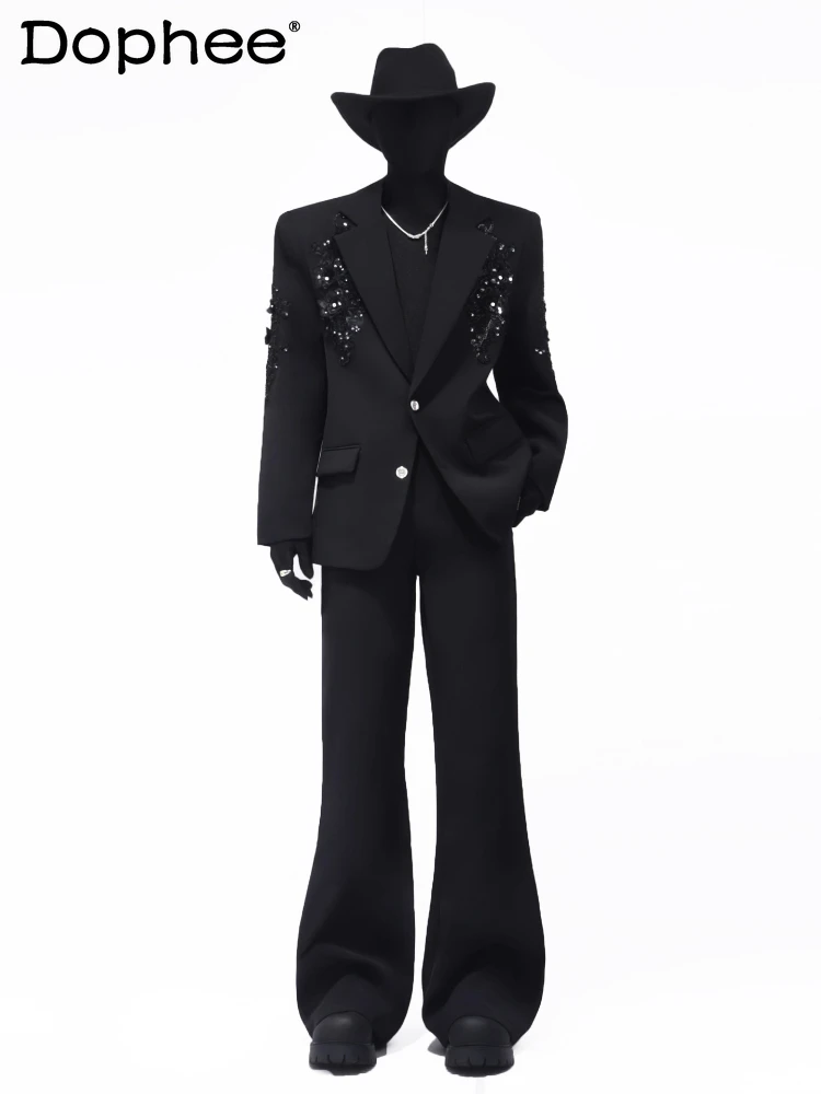 

Men's 2025 High-End Two-Piece Sets Light Luxury 3D Embroidery Sequin Blazers Men's Trendy Suit Long Pants Sets Solid Color 2pcs