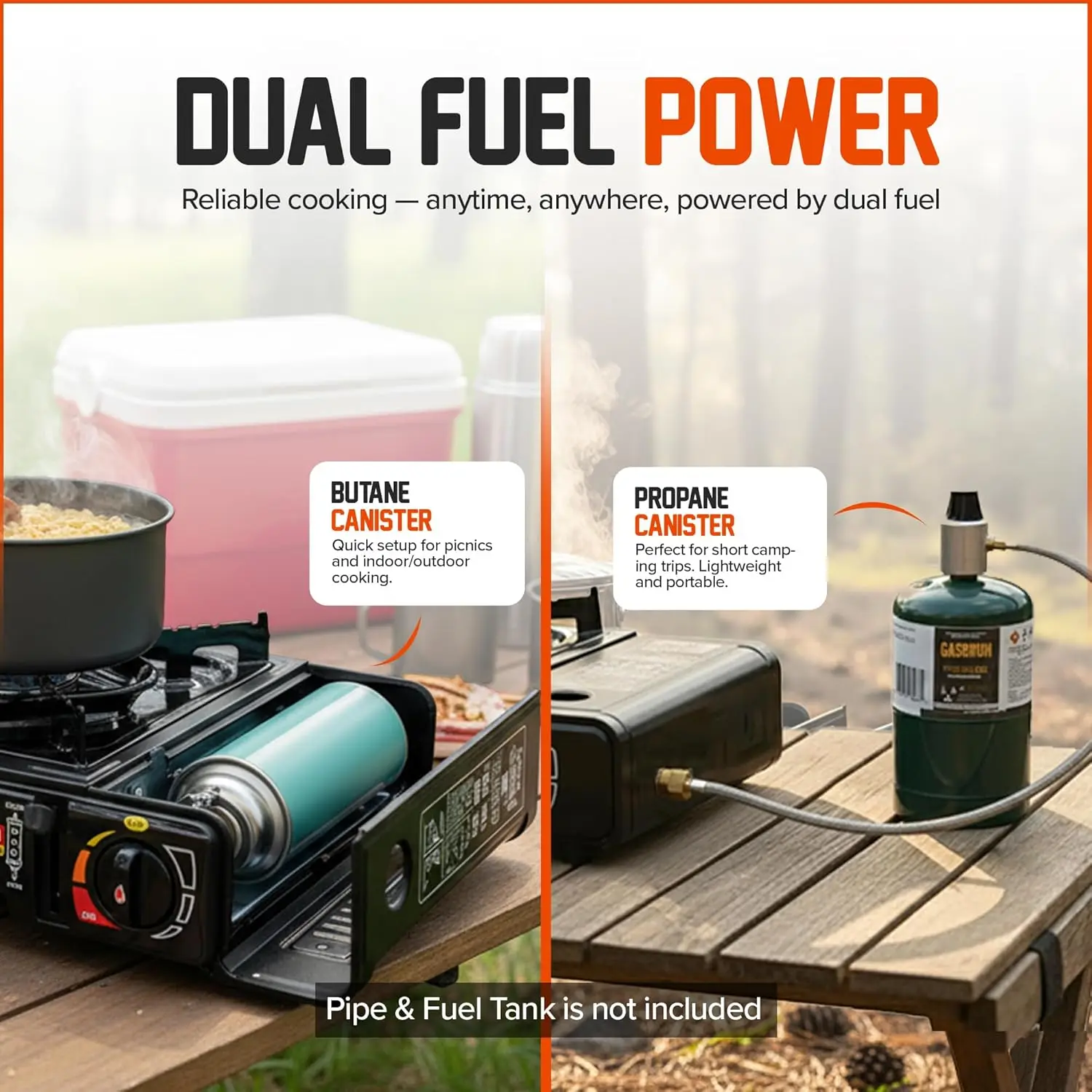 Portable 3000W Dual Fuel Camping Stove, Butane/Propane, Auto Ignition, Precise Control, Compact Design