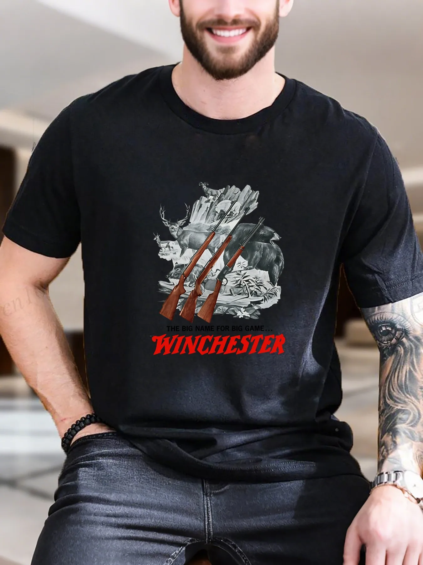 

New Arrival Fashion Men's Graphic Print T-Shirt Dual Guns with Deer Design 100% Cotton Breathable Tee for Casual Summer Wear Trend