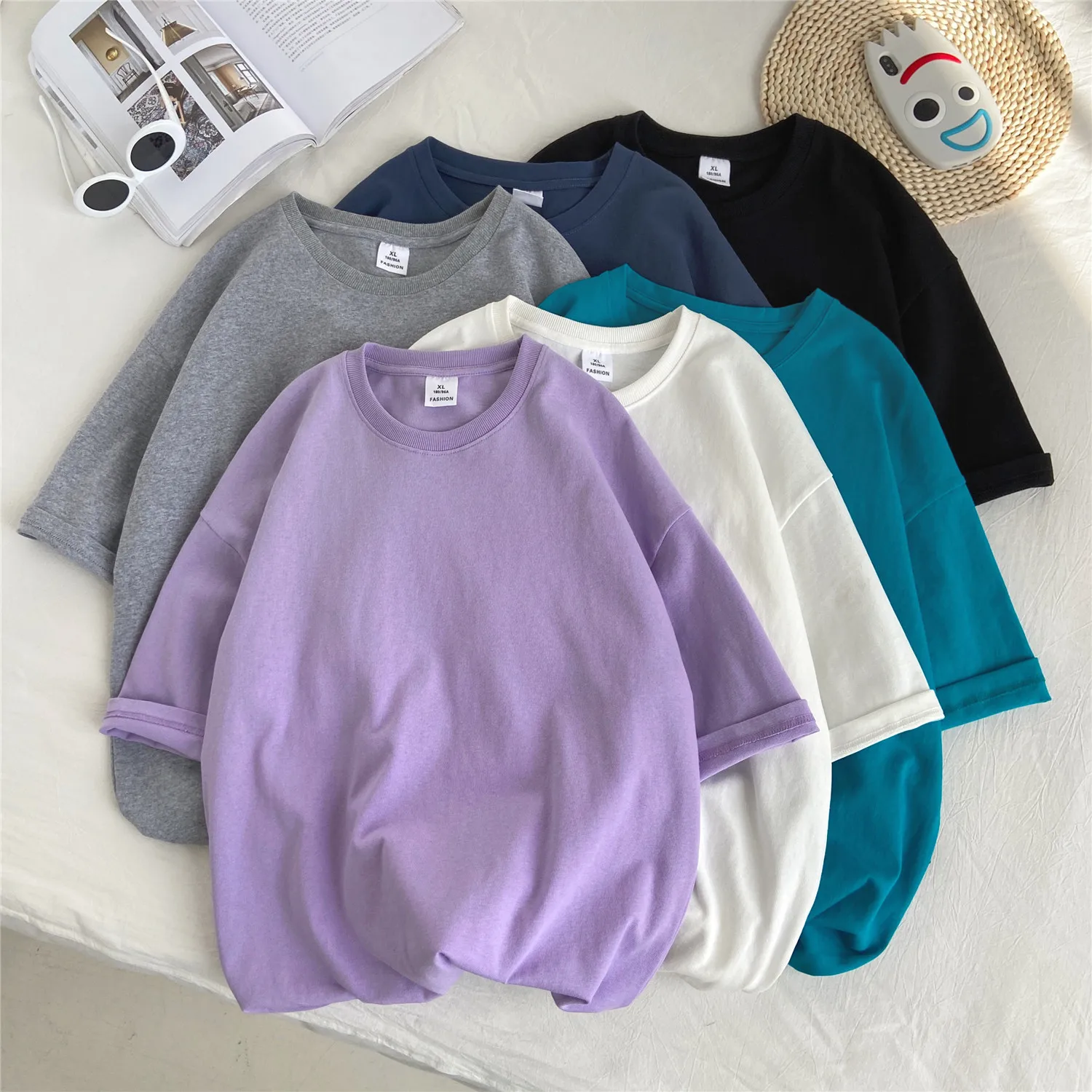 夏 200gsm 綿半袖 Tシャツ男性女性高品質デイリーカジュアル特大 O ネックピュアカラーブラックホワイトトップ Tシャツ