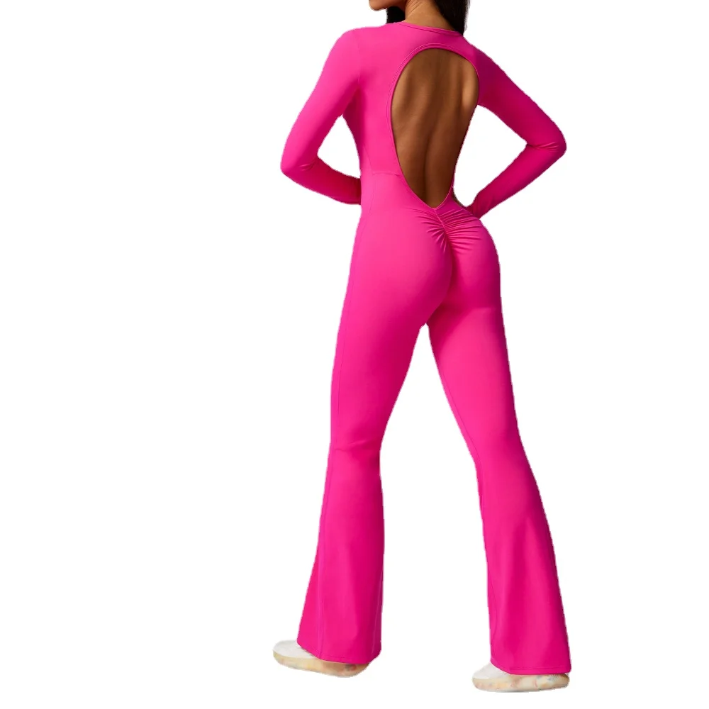 

Sexy Back Stretchy Bodysuit for Women's Yoga Long Sleeve Yoga Jumpsuit for Women with Flared Leg Nude Sensation