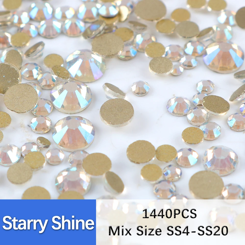 SS4-SS20 1400Pcs Mix Size Crystal Gold FlatBack Rhinestones Decorations Nails Gems Jewels Rhinestone 3D Nail Art Stone