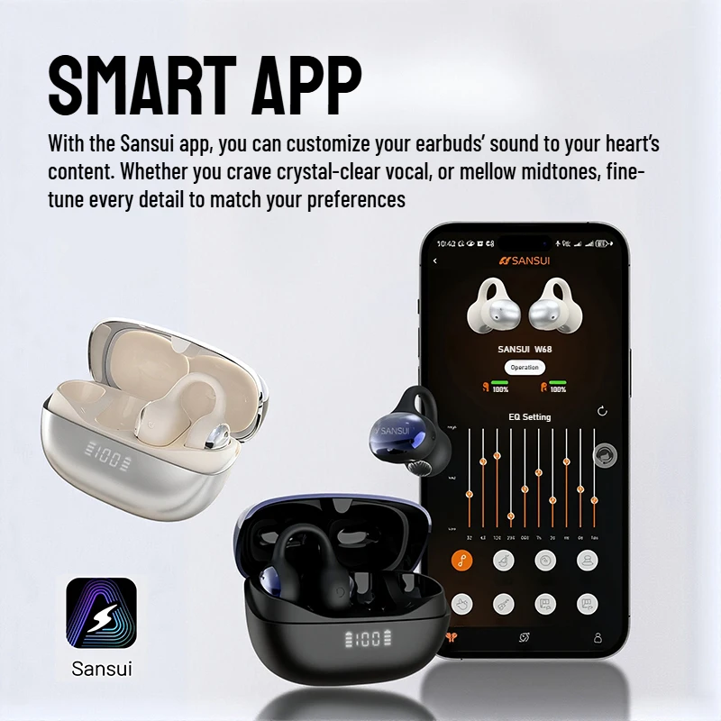 SANSUI W68 Bluetooth 6.0 oreille pince casque HiFi stéréo Clips sur écouteurs double ENC clair appel TWS sans fil écouteurs avec APP