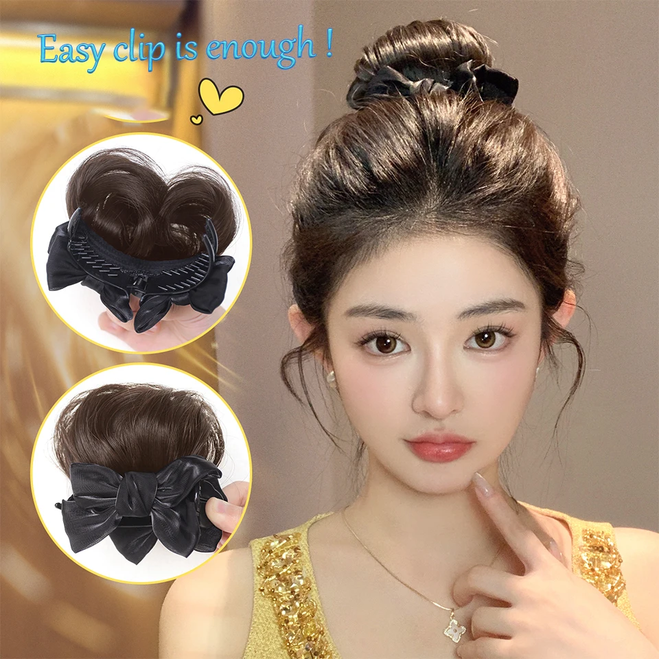 Synthetic Black Bow Hair Claw Clip Chignon Bun Claw Clip in Hair Piece Bun Ponytail Extensions Hairpieces for Women Daily Party