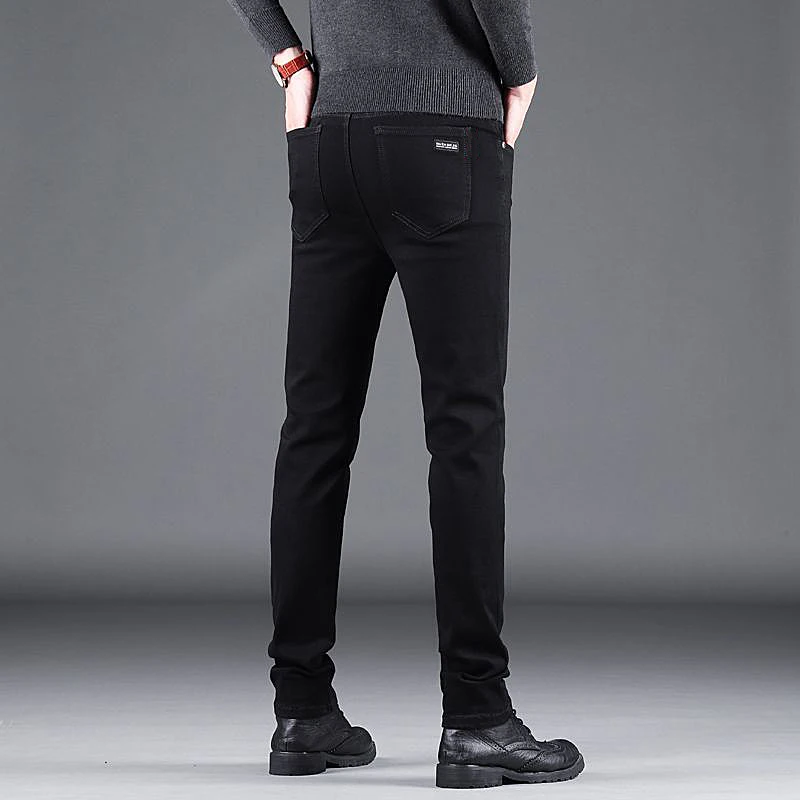Primavera outono novo masculino puro preto magro jeans elástico calças retas negócios moda lazer coreano vintage denim calças masculinas