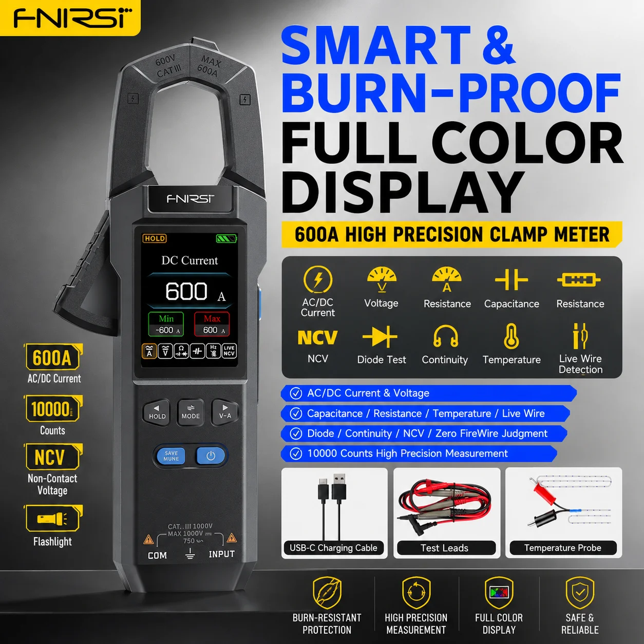 FNIRSI DMC-100 10000 Counts USB Rechargeable 600A DC AC Clamp Meter Digital Multimeter 600A Amperimetric NCV Electrician Tool