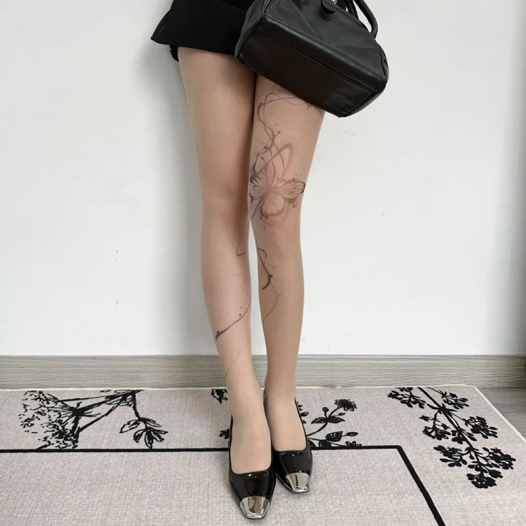 New Women Sexy Butterfly Printed Stockings Splash Ink Design Pantyhose Punk Letter Tattoo Tights Lace Tights Party Accessories