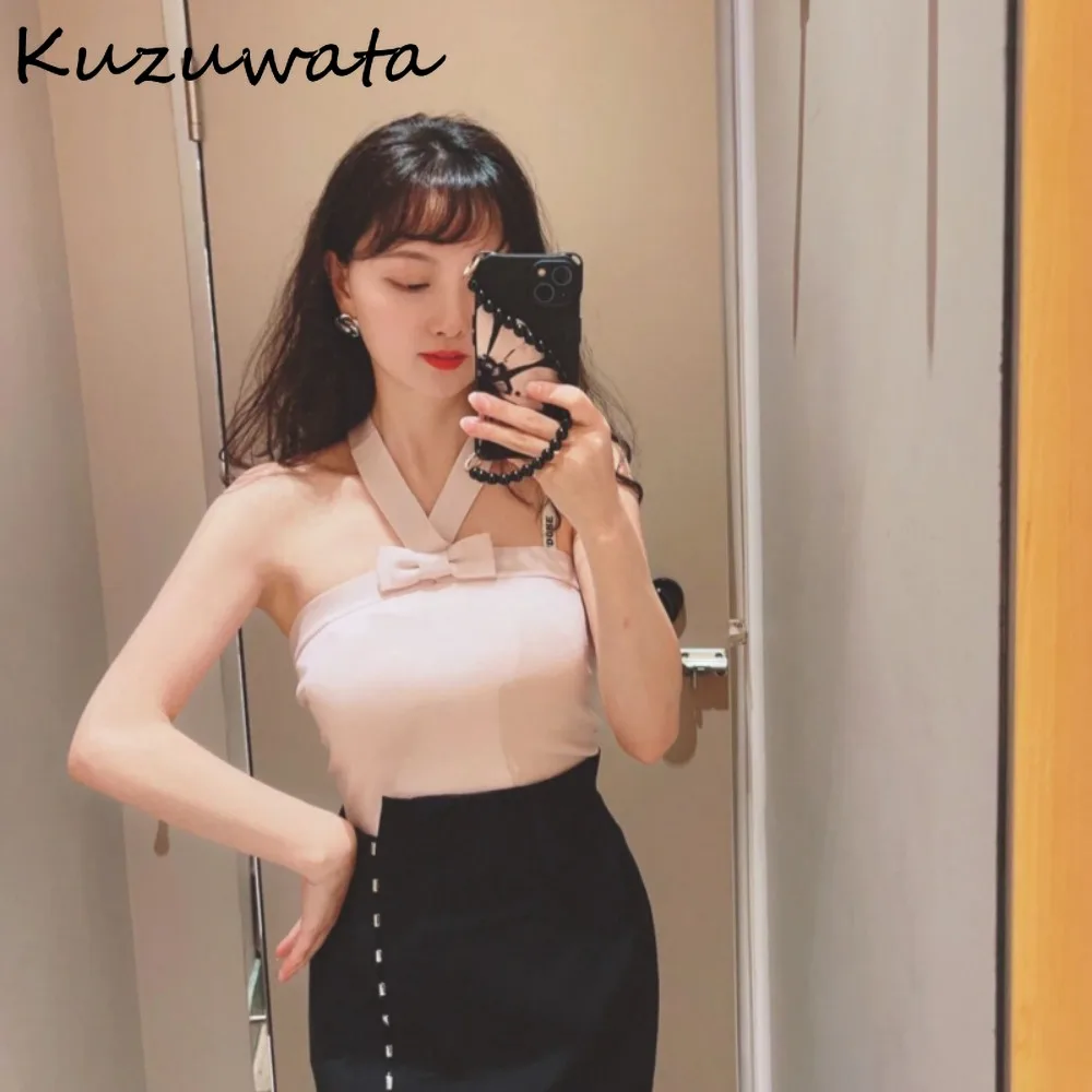 Kuzuwata New Sweet Panelled Bow Halter Sets Sling+casual V Neck Long Sleeve Patchwork Cardigan Japan Knit All-match Suits Jumper