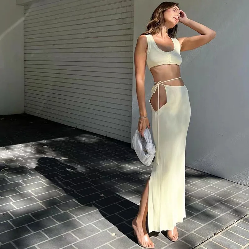 2000s European American Summer cleanfit style women's Vintage fashion Sexy Elegant short sleeve vest slim fit split skirt sets