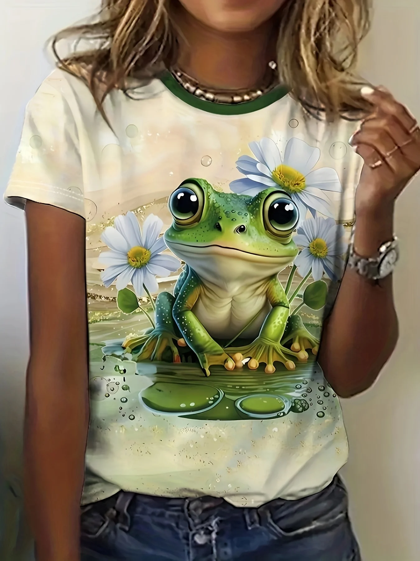 Women Short Sleeve Ringer T‑Shirt Cute Frog Daisy Water Lily Print Contrast Collar Loose Casual Summer Tops