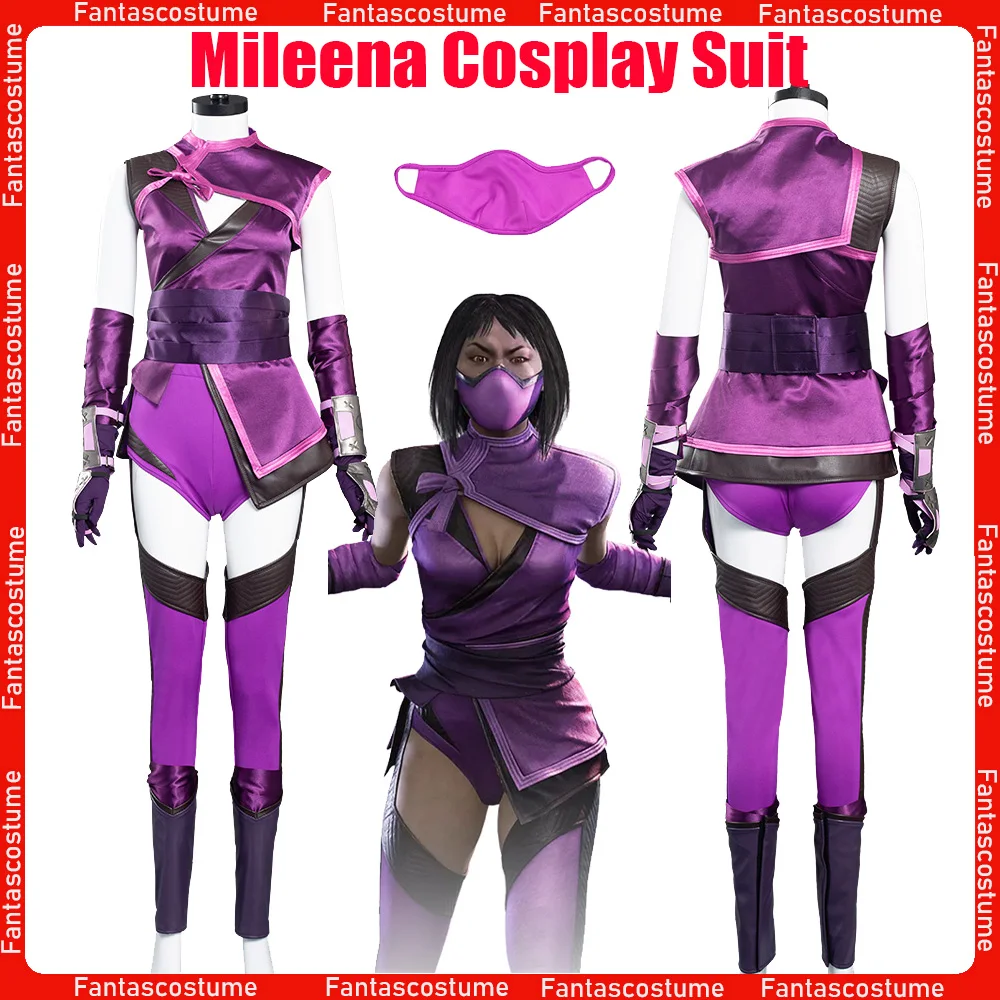 Mileena Cosplay Women Costume Mask Game Mortal Roleplay Kombat 11 Fantasia Purple Clothing Outfits Halloween Carnival Party Suit